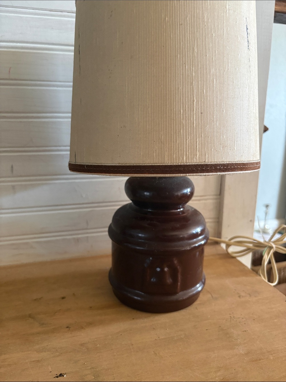 Brown Ceramic Table Lamp with Beige Shade
